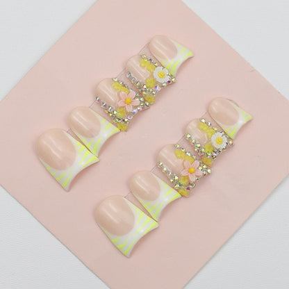 D3-Sunshine Garden Nails: Bright Yellow, Delicate Flowers, Rhinestone Accents, Fresh and Vibrant Style Short Handmade Nails