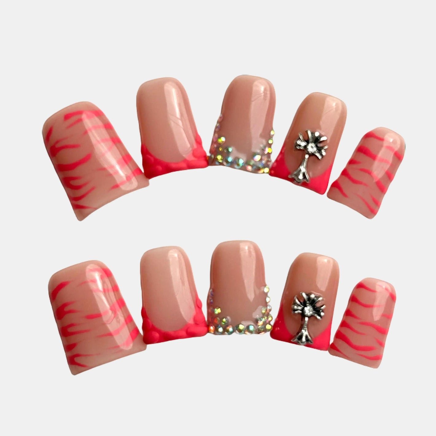 Pink Striped Floral Sparkling Nail Art