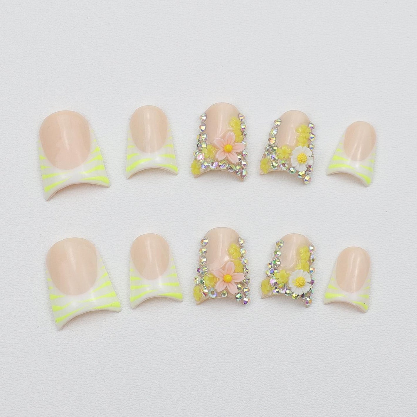 D3-Sunshine Garden Nails: Bright Yellow, Delicate Flowers, Rhinestone Accents, Fresh and Vibrant Style Short Handmade Nails