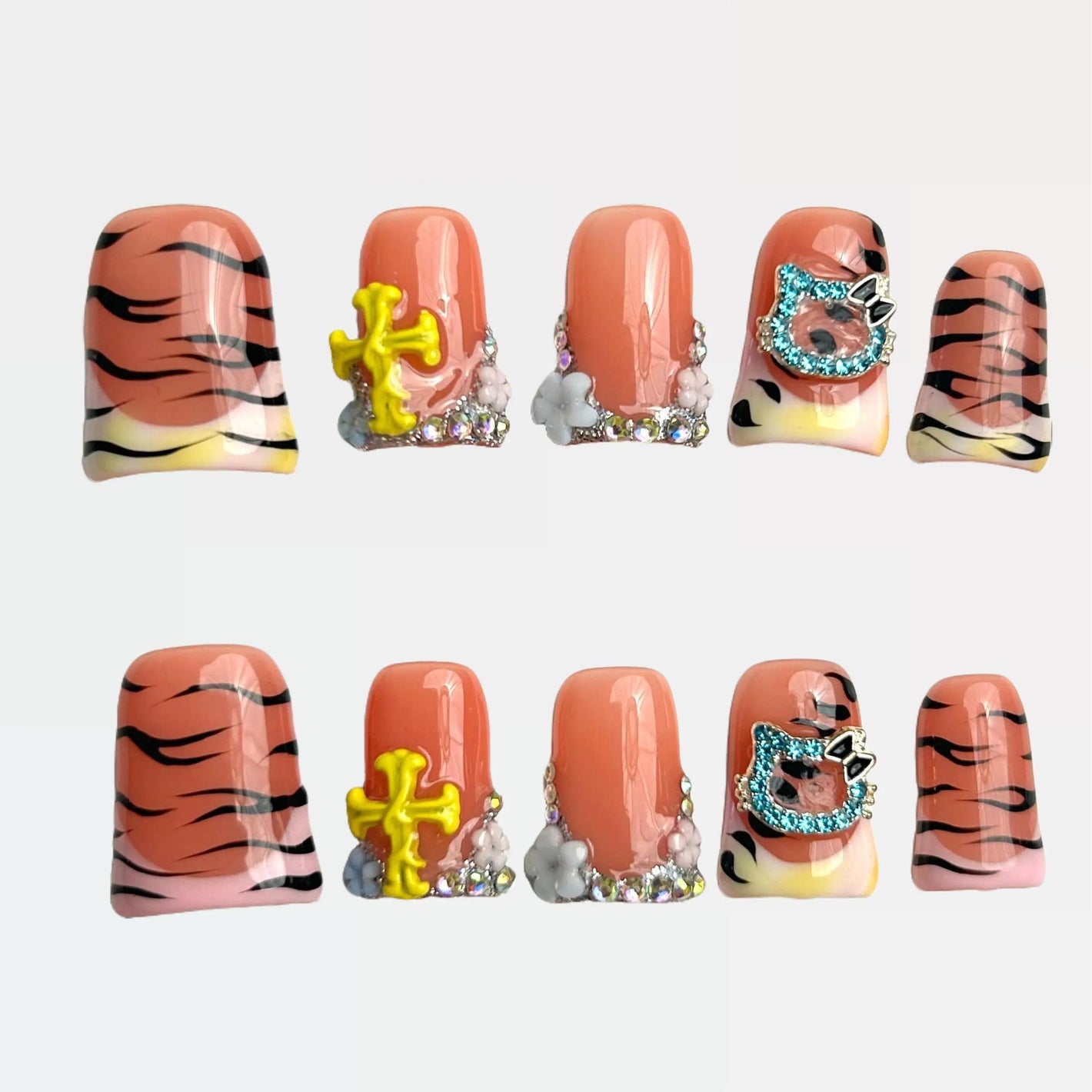 Tiger Stripe Trend Gem-Embedded Vibrant Floral 3D Nail Art